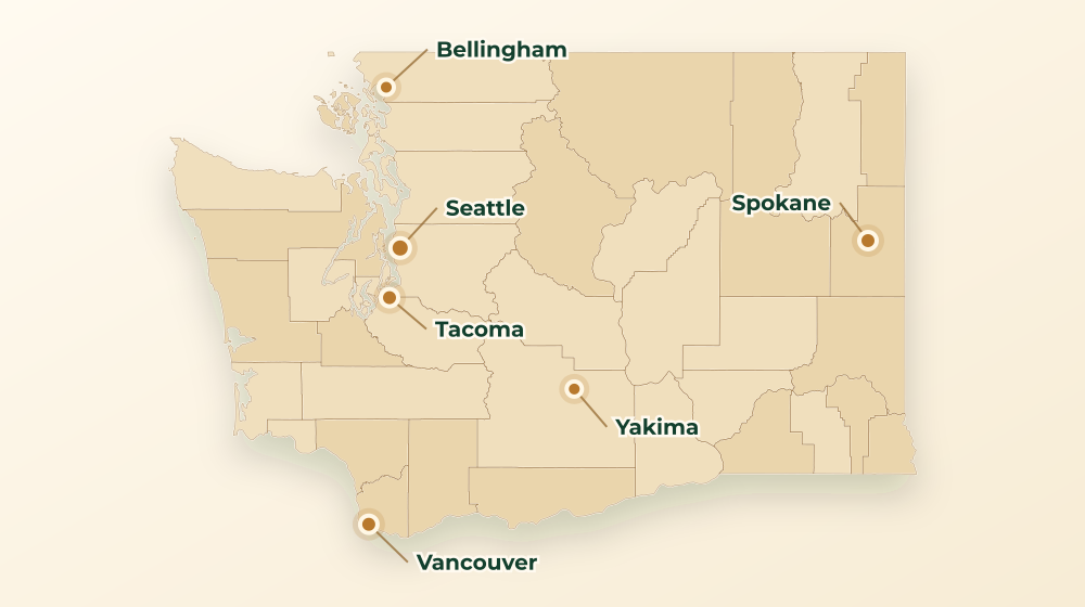 Accurate Washington land service area map with county boundaries and major city labels